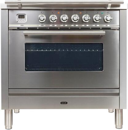 ILVE Professional Plus 36" Natural Gas Burner, Electric Oven Range in Glossy Black with Chrome Trim, UPW90FDMPNNG