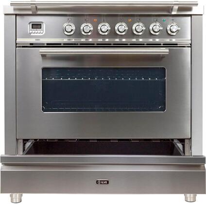ILVE Professional Plus 36" Natural Gas Burner, Electric Oven Range in Glossy Black with Chrome Trim, UPW90FDMPNNG