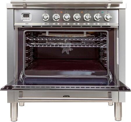 ILVE Professional Plus 36" Natural Gas Burner, Electric Oven Range in Glossy Black with Chrome Trim, UPW90FDMPNNG
