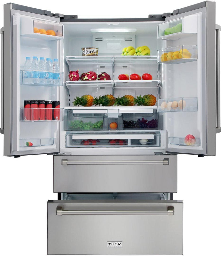 Thor Kitchen 36 in. 20.85 cu. ft. French Door Refrigerator Stainless Steel, HRF3601F | Premium Home Source