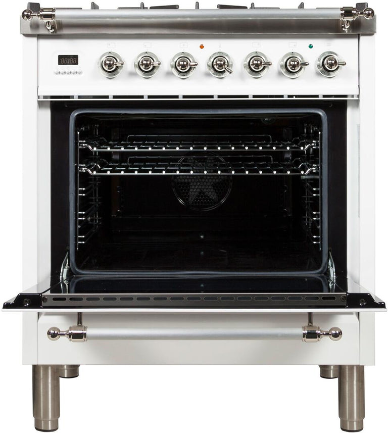 ILVE 30 in. Nostalgie Series Single Oven Natural Gas Burner and Electric Oven Range in White with Chrome Trim, UPN76DMPBXNG