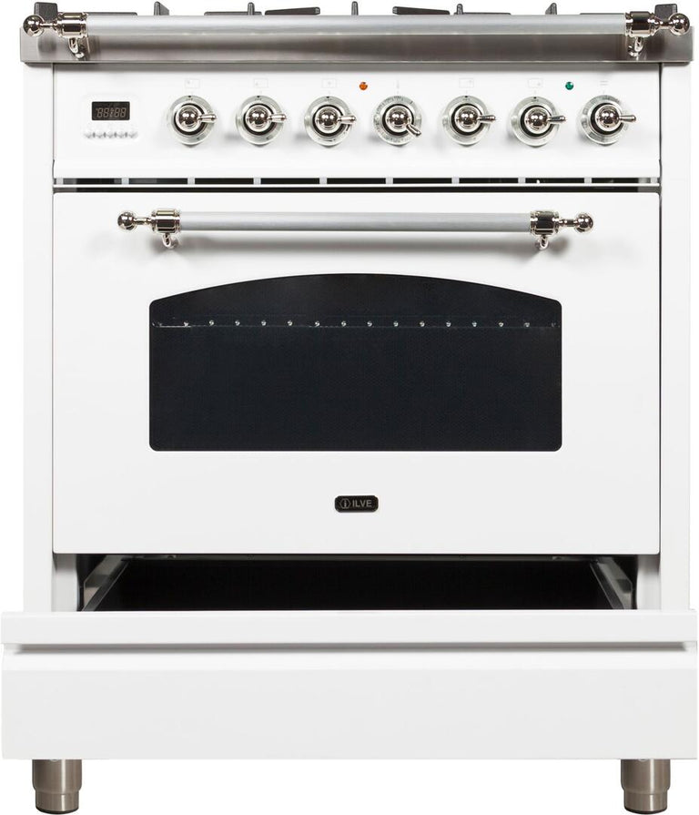 ILVE 30 in. Nostalgie Series Single Oven Natural Gas Burner and Electric Oven Range in White with Chrome Trim, UPN76DMPBXNG