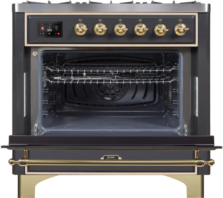 ILVE 36 in. Majestic II Series Propane Gas Burner and Electric Oven Range in Matte Graphite with Brass Trim, UM096DNS3MGGLP