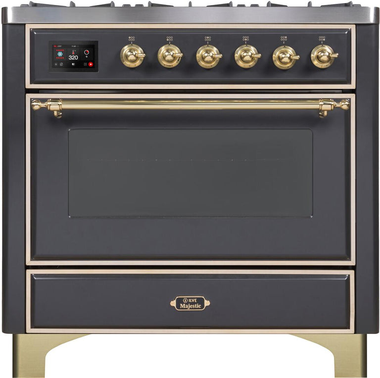 ILVE 36 in. Majestic II Series Propane Gas Burner and Electric Oven Range in Matte Graphite with Brass Trim, UM096DNS3MGGLP