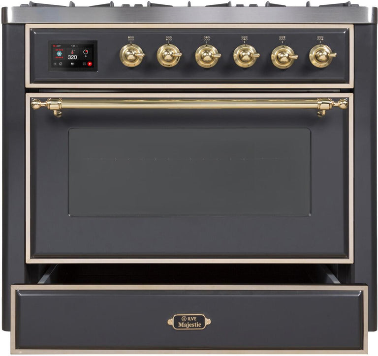 ILVE 36 in. Majestic II Series Propane Gas Burner and Electric Oven Range in Matte Graphite with Brass Trim, UM096DNS3MGGLP