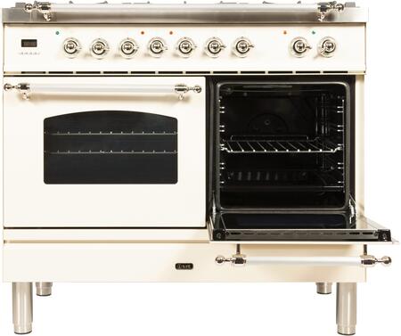 ILVE 40 in. Nostalgie Series Propane Gas Burner and Electric Oven Range in Antique White with Chrome Trim, UPDN100FDMPAXLP