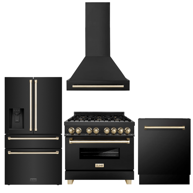 ZLINE Autograph Package - 36" Dual Fuel Range, Range Hood, Refrigerator with Water & Ice Dispenser, Dishwasher in Black Stainless, Gold Accents