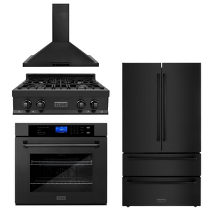 ZLINE 4-Piece Appliance Package - 30 In. Rangetop, Range Hood, Refrigerator, and Wall Oven in Black Stainless Steel, 4KPR-RTBRH30-AWS