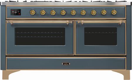ILVE Majestic II 60" Natural Gas Burner, Electric Oven Range in Blue Grey with Brass Trim, UM15FDNS3BGGNG