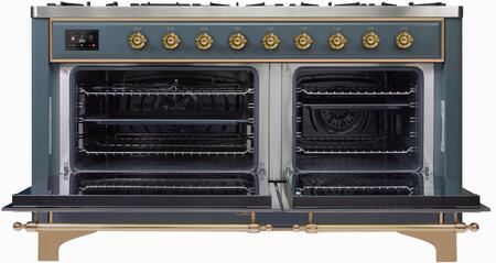 ILVE Majestic II 60" Natural Gas Burner, Electric Oven Range in Blue Grey with Brass Trim, UM15FDNS3BGGNG