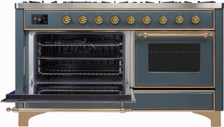 ILVE Majestic II 60" Natural Gas Burner, Electric Oven Range in Blue Grey with Brass Trim, UM15FDNS3BGGNG