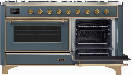 ILVE Majestic II 60" Natural Gas Burner, Electric Oven Range in Blue Grey with Brass Trim, UM15FDNS3BGGNG