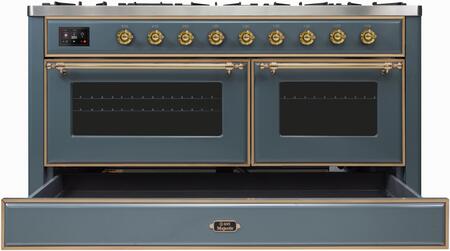 ILVE Majestic II 60" Natural Gas Burner, Electric Oven Range in Blue Grey with Brass Trim, UM15FDNS3BGGNG