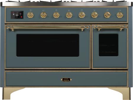 ILVE Majestic II 48" Natural Gas Burner, Electric Oven Range in Blue Grey with Brass Trim, UM12FDNS3BGGNG