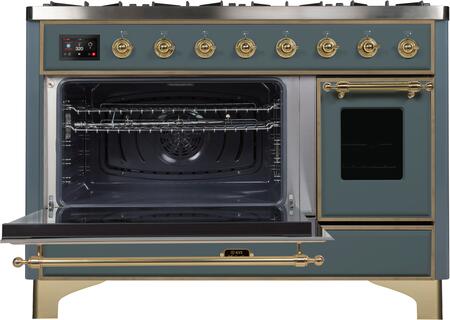 ILVE Majestic II 48" Natural Gas Burner, Electric Oven Range in Blue Grey with Brass Trim, UM12FDNS3BGGNG