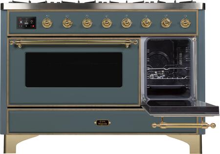 ILVE Majestic II 48" Natural Gas Burner, Electric Oven Range in Blue Grey with Brass Trim, UM12FDNS3BGGNG