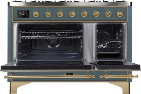 ILVE Majestic II 48" Natural Gas Burner, Electric Oven Range in Blue Grey with Brass Trim, UM12FDNS3BGGNG
