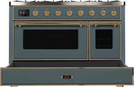 ILVE Majestic II 48" Natural Gas Burner, Electric Oven Range in Blue Grey with Brass Trim, UM12FDNS3BGGNG