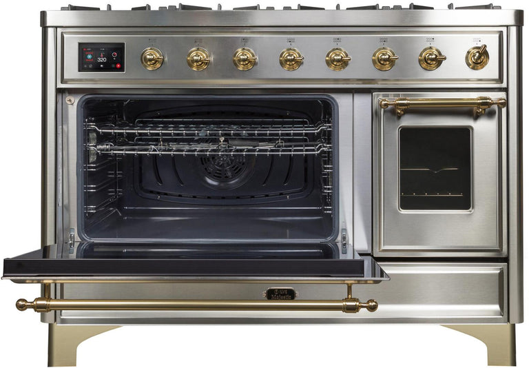 ILVE 48 in. Majestic II Series Natural Gas Burner and Double Electric Oven in Stainless Steel with Brass Trim, UM12FDNS3SSGNG