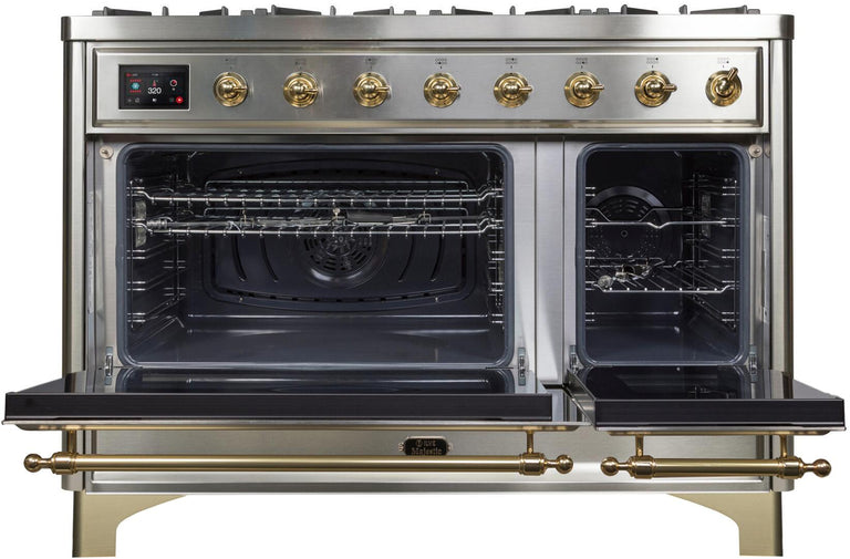 ILVE 48 in. Majestic II Series Natural Gas Burner and Double Electric Oven in Stainless Steel with Brass Trim, UM12FDNS3SSGNG
