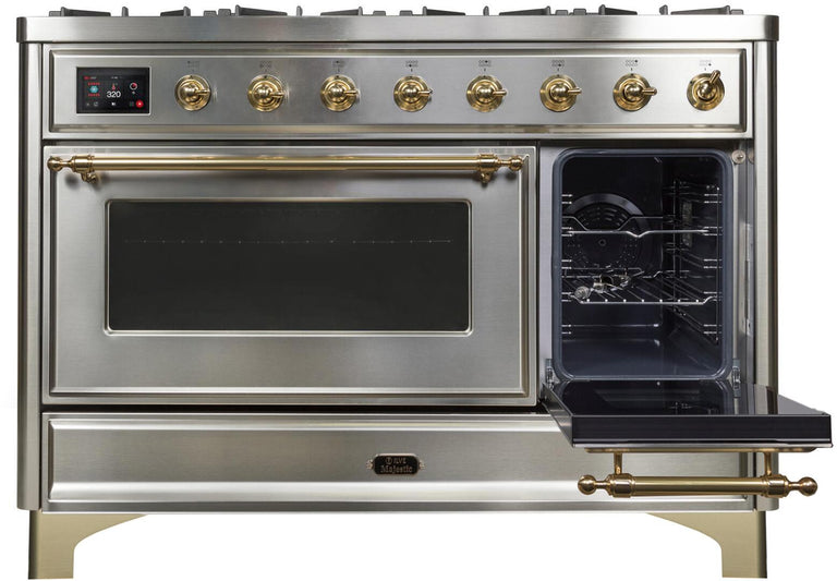 ILVE 48 in. Majestic II Series Natural Gas Burner and Double Electric Oven in Stainless Steel with Brass Trim, UM12FDNS3SSGNG