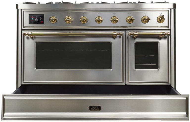 ILVE 48 in. Majestic II Series Natural Gas Burner and Double Electric Oven in Stainless Steel with Brass Trim, UM12FDNS3SSGNG