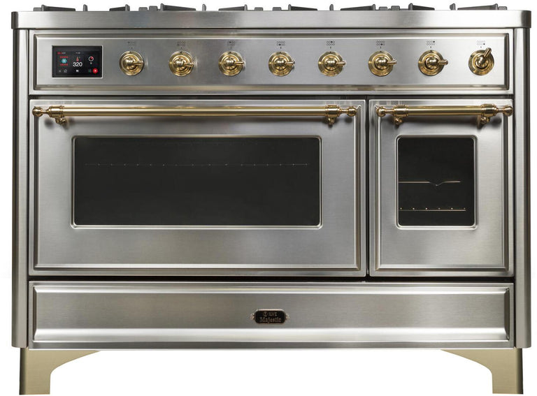 ILVE 48 in. Majestic II Series Natural Gas Burner and Double Electric Oven in Stainless Steel with Brass Trim, UM12FDNS3SSGNG