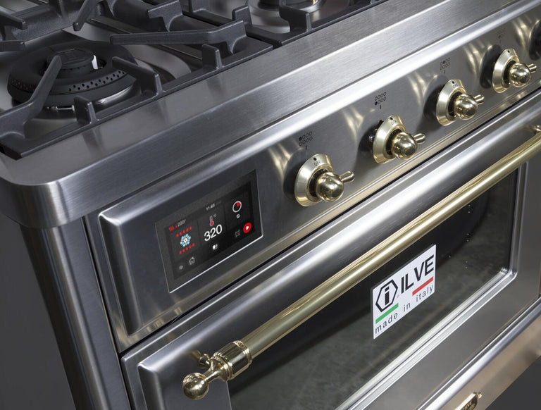 ILVE 48 in. Majestic II Series Natural Gas Burner and Double Electric Oven in Stainless Steel with Brass Trim, UM12FDNS3SSGNG