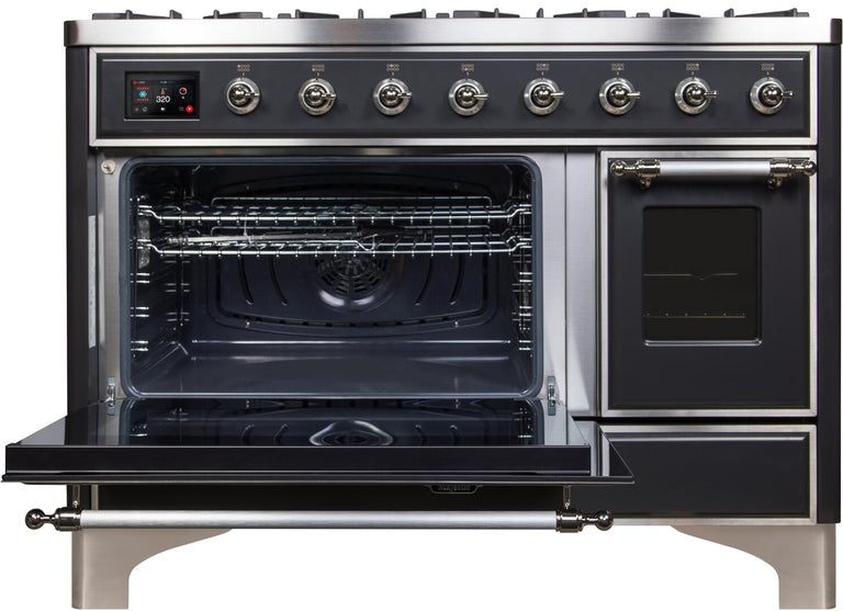 ILVE 48 in. Majestic II Series Natural Gas Burner and Double Electric Oven in Matte Graphite with Chrome Trim, UM12FDNS3MGCNG