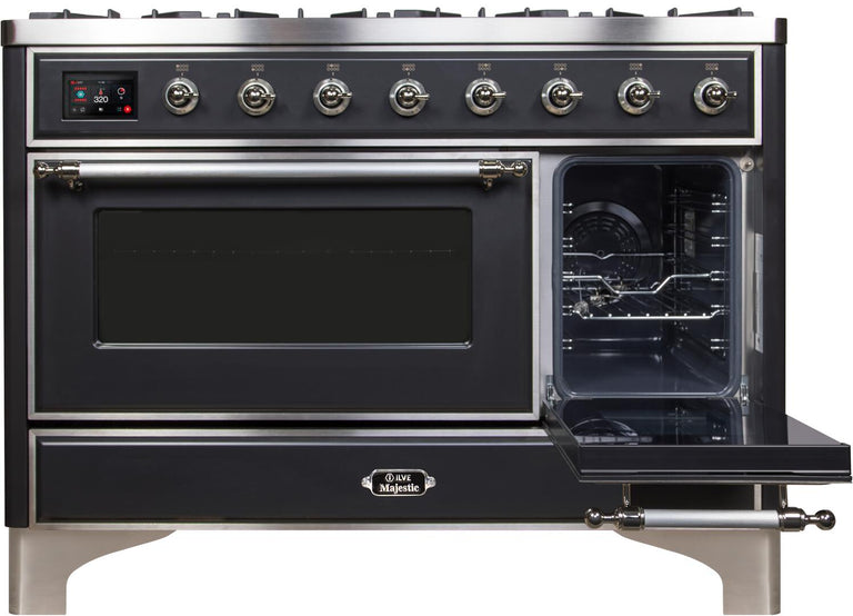 ILVE 48 in. Majestic II Series Natural Gas Burner and Double Electric Oven in Matte Graphite with Chrome Trim, UM12FDNS3MGCNG
