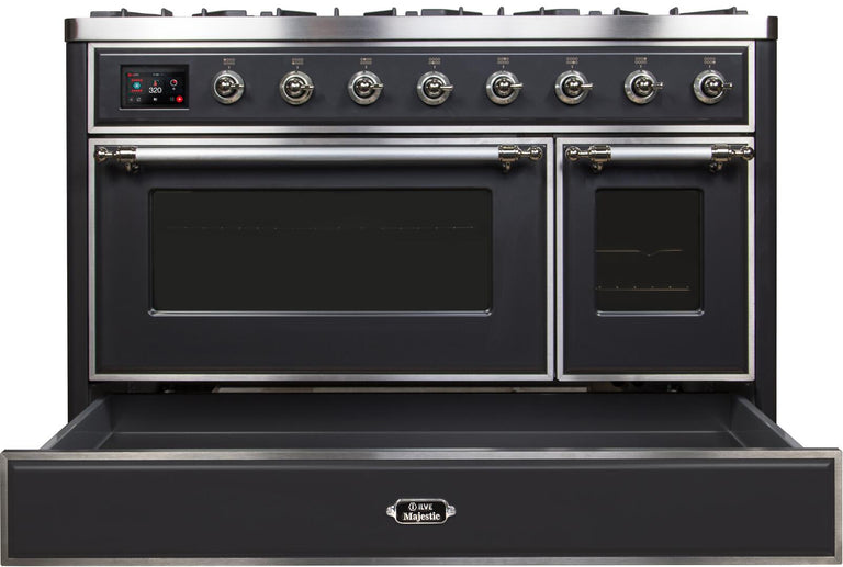 ILVE 48 in. Majestic II Series Natural Gas Burner and Double Electric Oven in Matte Graphite with Chrome Trim, UM12FDNS3MGCNG