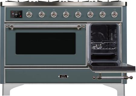 ILVE Majestic II 48" Natural Gas Burner, Electric Oven Range in Blue Grey with Chrome Trim, UM12FDNS3BGCNG