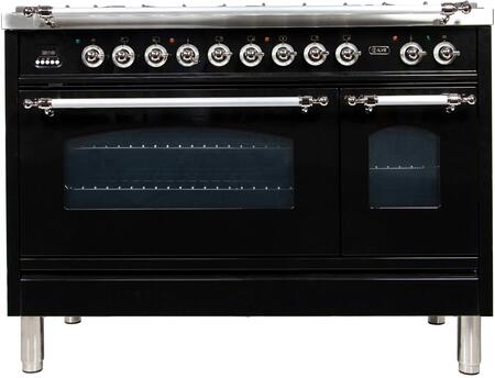 ILVE 48 in. Nostalgie Series Natural Gas Burner and Electric Oven Range in Glossy Black with Chrome Trim, UPN120FDMPNXNG
