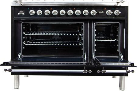 ILVE 48 in. Nostalgie Series Natural Gas Burner and Electric Oven Range in Glossy Black with Chrome Trim, UPN120FDMPNXNG