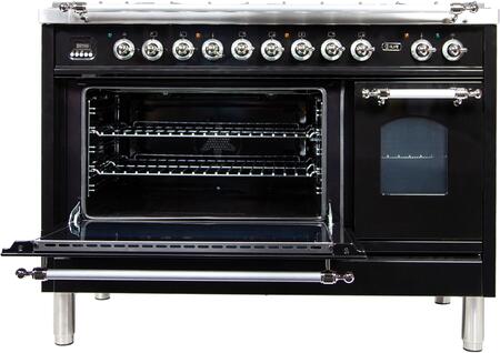 ILVE 48 in. Nostalgie Series Natural Gas Burner and Electric Oven Range in Glossy Black with Chrome Trim, UPN120FDMPNXNG