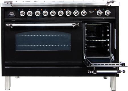 ILVE 48 in. Nostalgie Series Natural Gas Burner and Electric Oven Range in Glossy Black with Chrome Trim, UPN120FDMPNXNG