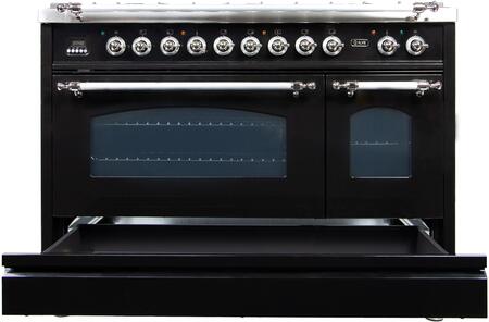 ILVE 48 in. Nostalgie Series Natural Gas Burner and Electric Oven Range in Glossy Black with Chrome Trim, UPN120FDMPNXNG