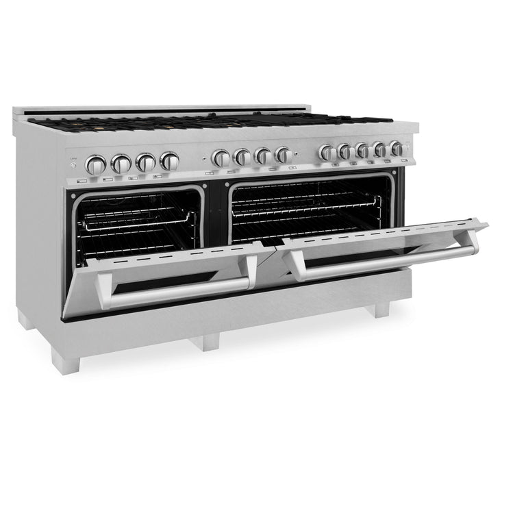 ZLINE 60 in. Professional Gas Burner, 7.6 cu. ft. Electric Oven in DuraSnow® Stainless and Brass Burner Set, RAS-SN-BR-60