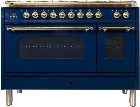 ILVE 48 in. Nostalgie Series Natural Gas Burner and Electric Oven Range in Midnight Blue with Brass Trim, UPN120FDMPBLNG