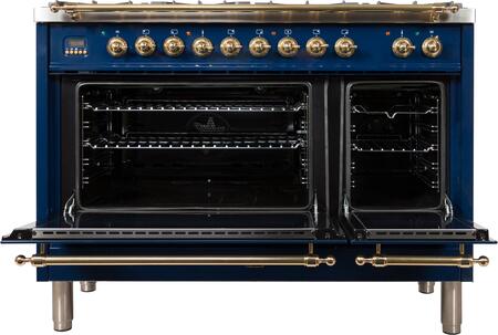 ILVE 48 in. Nostalgie Series Natural Gas Burner and Electric Oven Range in Midnight Blue with Brass Trim, UPN120FDMPBLNG