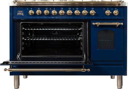 ILVE 48 in. Nostalgie Series Natural Gas Burner and Electric Oven Range in Midnight Blue with Brass Trim, UPN120FDMPBLNG