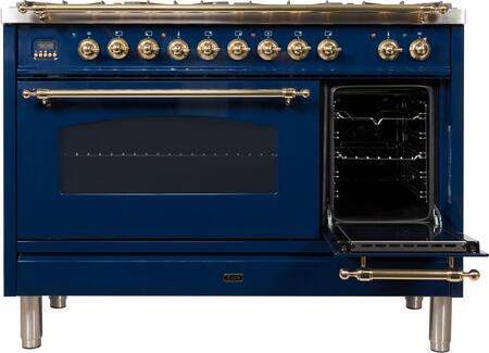 ILVE 48 in. Nostalgie Series Natural Gas Burner and Electric Oven Range in Midnight Blue with Brass Trim, UPN120FDMPBLNG