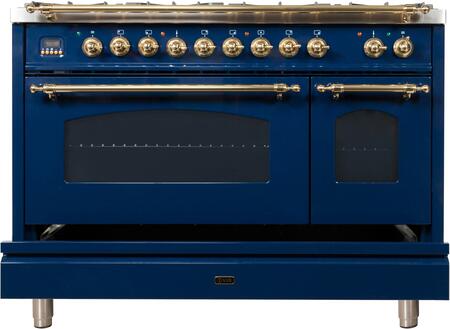 ILVE 48 in. Nostalgie Series Natural Gas Burner and Electric Oven Range in Midnight Blue with Brass Trim, UPN120FDMPBLNG