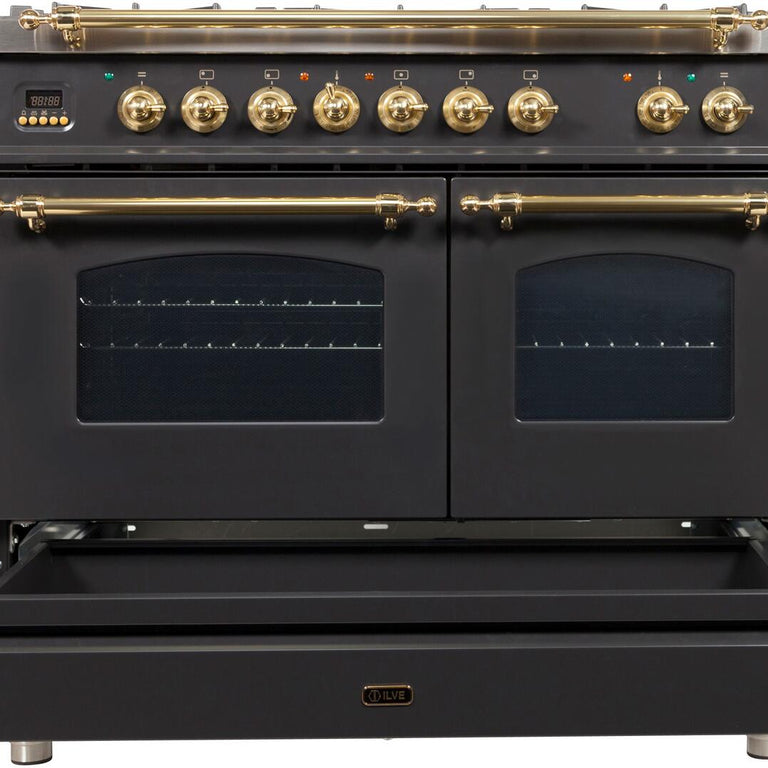 ILVE 40 in. Nostalgie Series Natural Gas Burner and Electric Oven Range in Matte Graphite with Bronze Trim, UPDN100FDMPMYNG