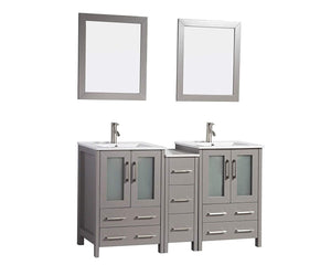 Vanity Art 60 in. Double Sink Vanity Cabinet with Ceramic Sink & Mirror - Grey, VA3024-60G