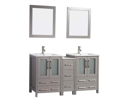 Vanity Art 60 in. Double Sink Vanity Cabinet with Ceramic Sink & Mirror - Grey, VA3024-60G