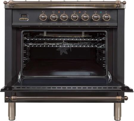ILVE 36 in. Nostalgie Series Single Oven Natural Gas Burner and Oven in Matte Graphite with Oiled Bronze Trim, UPN90FDVGGMYNG