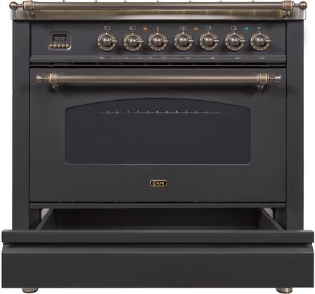 ILVE 36 in. Nostalgie Series Single Oven Natural Gas Burner and Oven in Matte Graphite with Oiled Bronze Trim, UPN90FDVGGMYNG