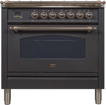 ILVE 36 in. Nostalgie Series Single Oven Natural Gas Burner and Oven in Matte Graphite with Oiled Bronze Trim, UPN90FDVGGMYNG