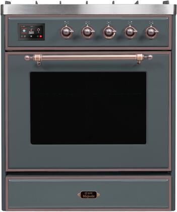 ILVE Majestic II 30" Natural Gas Burner, Electric Oven Range in Blue Grey with Bronze Trim, UM30DNE3BGBNG